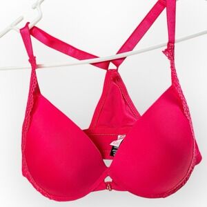 Demi Honey B Racerback Push Up Lace Front Closure Bra 40D Hot Pink Rhinestone